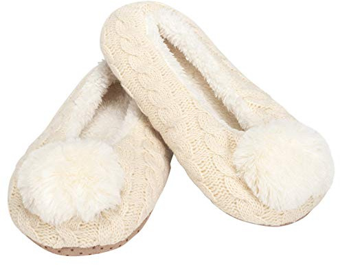 Elanze Designs Ballerina Knit Pom Womens Plush Lined Cozy Non Slip Indoor Soft Slipper - Cream, Large