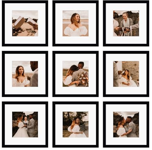 BSRHOME 12x12 Picture Frame Set of 9, Display Pictures 8x8 with Mat or 12x12 without Mat, Multi Collage Gallery Square Photo Frames for Wall or Tabletop, Black