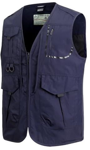 MeiLayM Hombres Chaleco Multibolsillos de Pesca y Aire Libre, Chaleco de Trabajo y Senderismo, Chaqueta sin Mangas Azul, M