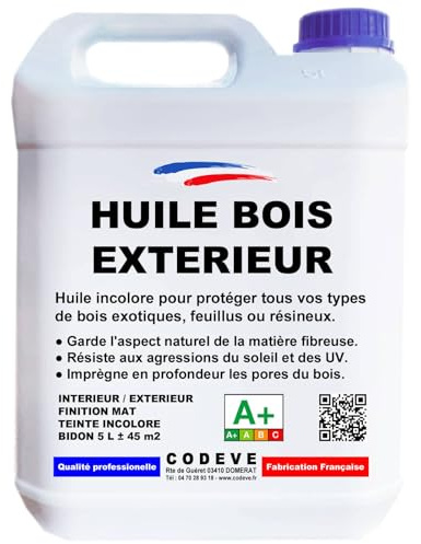 Huile Bois Exterieur - Codeve Bois - 5L - Intérieur/extérieur - Pour La Protection D'un Chalet, Abri, Garage, Hangar, Cabane En Bois.