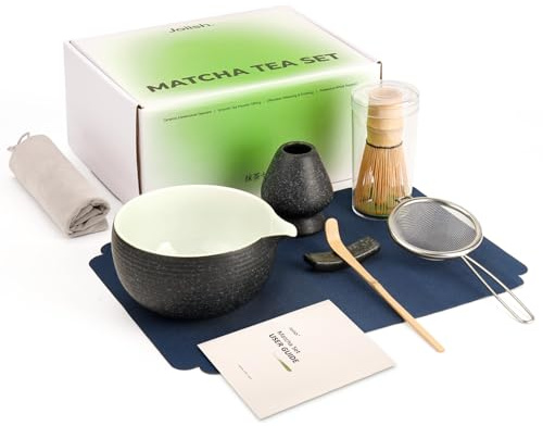 Joiish 7 Pcs Matcha Set Kit, Matcha Whisk and Bowl with Spout, Matcha Sifter, Whisk Holder, Matcha Scoop and Scoop Rest, Perfect Matcha Kit for Matcha Tea (Charcoal Grey)