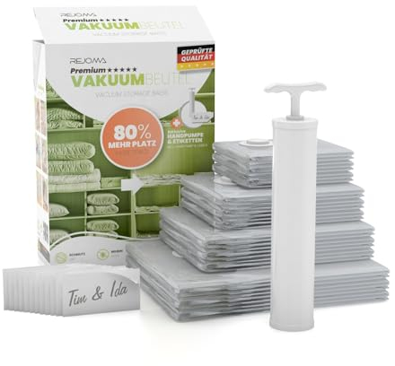 Rejoma® - Premium Vakuumbeutel für Kleidung - 12 Stück - inkl. Handpumpe und Aufkleber zum Beschriften - 4 verschiedene Größen – 40x60 cm / 50x70 cm / 60x80 cm / 80x100 cm