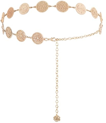 Jeffdad Hohles Kreis Kettengürtel, Retro Damen Concho Taillengürtel Einstellbar Taillenkette Boho Legierung Taille Gürtel Waist Chain Metall Western Cowgirl Gürtel für Kleid(Gold)