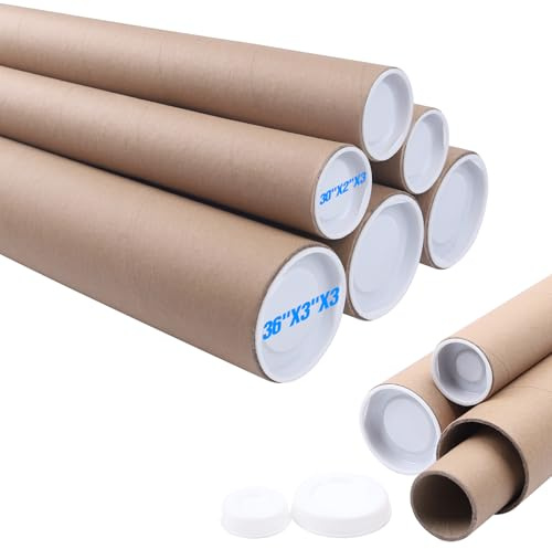 aromeili Mailing Tubes with Caps, 3 Pack 3x36-Inch & 3 Pack 2x30-Inch Kraft Paper Poster Tube for Shipping, Packing, Bulk Round Packaging, Cardboard Mailers, Art Prints, Maps, Blueprint