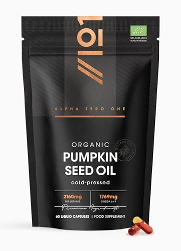 Organic Pumpkin Seed Oil 2160mg – 80% Linoleic & Oleic Acid – 60 Vegan Capsules – 1769mg Omega 6 & 9 – Virgin & Cold Pressed – by Alpha01