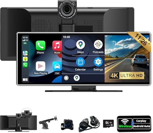 SCUMAXCON Tragbares Autoradio 11,26 Zoll Kabelloses Carplay & Android Auto,Airplay,4K 1080P Loop Recording, IPS-Touchscreen, Rückfahrkamera,GPS-Navigation,AUX,Bluetooth,integrierter Lautsprecher