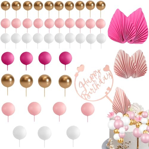 50Pcs Pink Cake Decorations, Gold Palm Leaves Cake Toppers, Mini Pink Cake Balls, DIY Mini Balloon Cake Topper, Cake Topper Balls for Girl Kids Women Birthday Party Baby Shower Wedding Valentines Day
