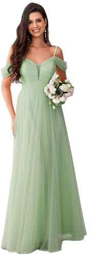 Ever-Pretty Robe de Demoiselle d'honneur Maxi Tulle Col V Épaules Dénudées Verte Menthe 36