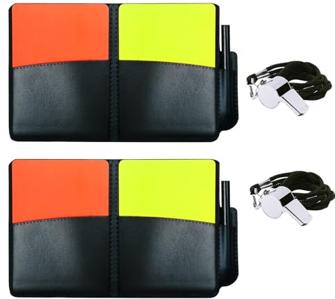 Soccer Referee Kit 2 Sets 2 Pieces Red Warning Yellow Cards with 2 Pieces Stainless Steel Referee Whistles Wallet Record Notebook Pencil