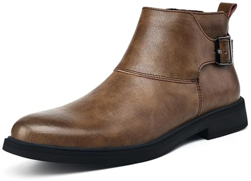 Stivali Chelsea da uomo in vera pelle a punta con fibbia regolabile con cerniera interna stivaletti casual formali da lavoro, Peluche marrone., 45 EU