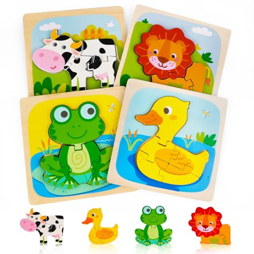 Deepton 4 Pcs Wooden Puzzles Animals for Baby Kids, Cute Animal Wooden Jigsaw Puzzles for 1-3 Year Old Boys Girls, Baby Preschool Learning Educational Toy for Birthday Gift