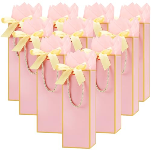 Povxlum 30 PCS Bags with Tissue Paper Wine Bottle Bags with Bow Ribbon Gift Bags Reusable for Wedding Birthday Housewarming Party Christmas Retirement Party Supplies (Pink)