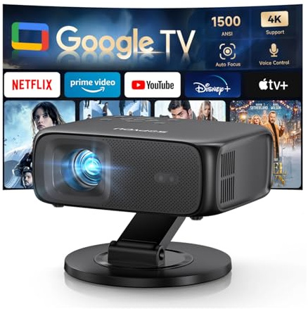 [1500ANSI/Google TV/controllo vocale] Proiettore intelligente con WiFi e Bluetooth, supporto nativo 1080P 4K, messa a fuoco automatica e Keystone, proiettore portatile per film all'aperto con supporto