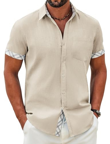 COOFANDY Chemise Homme Manches Courtes en Coton Décontractée d’Été pour Plage avec Pochette Poitrine | 100 % coton, col à carreaux, boutonné, coupe droite, été, plage, vacances