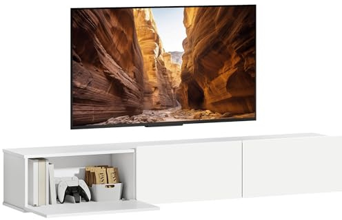 HOMCOM Mobile TV Sospeso, Mobile Porta TV Fino a 82 con Armadietti 3 Ante a Ribalta Soft Close, Mobiletto per Televisore per Soggiorno, Camera da Letto e Salotto, 180x31.5x29.8 cm, Bianco