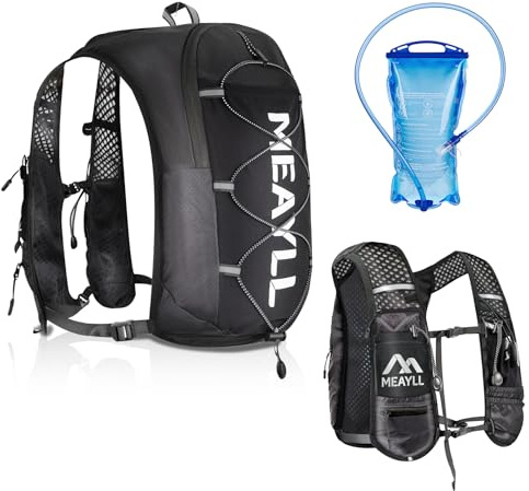Gilet da corsa con bolla d'acqua da 1 litro per uomo e donna, leggero e traspirante, con strisce riflettenti e 9 pratiche tasche (supporto per cellulare) - 5 litri di capacità, nero