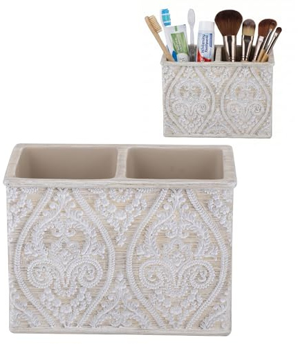 Kook Time Doppelter Make-up Pinselhalter & Zahnbürstenhalter Serie Damask - Stiftehalter für Schreibtisch oder Bad - Florales Relief - 14 x 7,5 x 10 cm - Creme