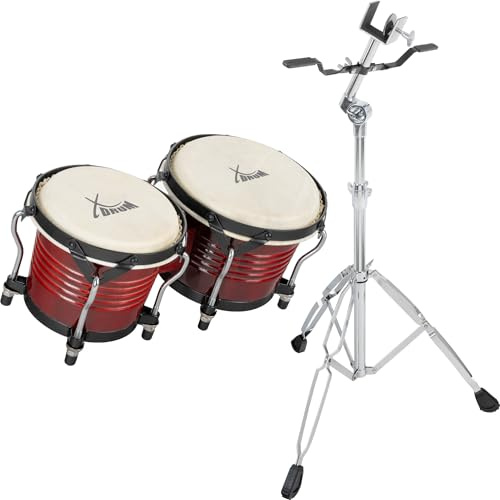 XDrum Bongos Pro Rouge Vin - 2 Tambours de 6,5 (17 cm) et 7,5 (20 cm) de diamètre - Bongos avec peaux naturelles accordables, clé d'accord et support - Tambours en bois rouges