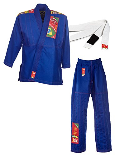 Ju-Sports BJJ Anzug Kids Blau 140 I Leichter, schlanker Brazilian Jujutsu Anzug speziell für Kinder I BJJ Gi im bunten Design I Inkl. weißem Gurt I 100% Baumwolle