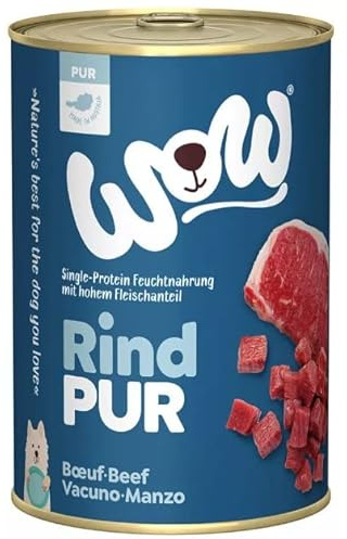 WOW PUR Protein Nassfutter mit Rind, 6x 400g | reichhaltiges Hundefutter für alle ausgewachsenen Hunderassen | beste Qualität mit hohem Fleisch- & Innereienanteil I getreidefrei & hohe Verträglichkeit