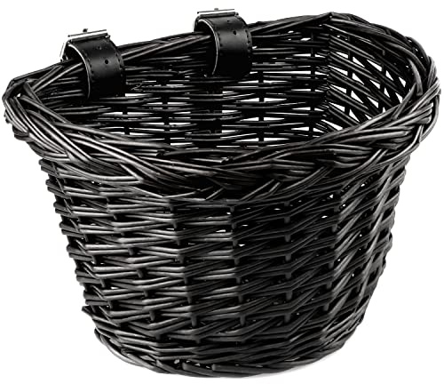 AVASTA Wicker Children's Bicycle Basket for Girls' Bikes, Scooters, Tricycles, Children's Bicycle Accessories, Comes with Leather Straps, Honey Yellow, Size XS, Black