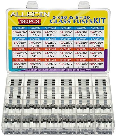 ALLECIN 24 Valeurs Kit d'assortiment de Fusible Verre à Fusion Rapide 250V 0,5A 1A 2A 3A 4A 5A 6A 7A 8A 10A 15A 20A 5x20MM 6x30MM 0,5 1 2 3 4 5 6 7 8 10 15 20 A Fusibles à Tube Glass Fuses Set
