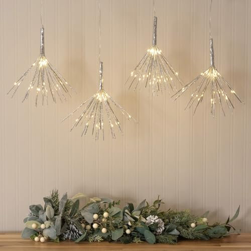 MiniSun | Set of 4 Silver Exploding Star Lights Battery Operated Christmas Tree Decoration Festive Hanging Xmas Starburst String Lights for Indoor Outdoor | Christmas & Festive Essential