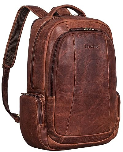 STILORD 'Waldo' Leder-Rucksack mit vielen Fächern und Laptopfach 17,3 Zoll Damen und Herren Cognac Echtleder ideal für Reisen Arbeit Business und als Tagesrucksack