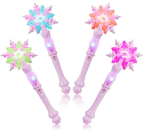 EnrichFun Light Up Frozen Snowflake Wand with Sound, Motion Sensitive Magic Princess Toys for Kids Girls Party Favors 4 Pieces, (Pink 4 Pack)