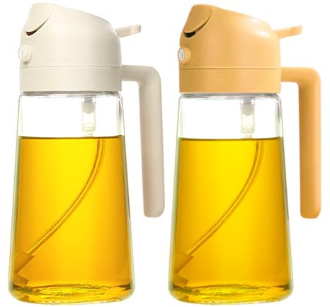 YARRAMATE 2Pcs 2-in-1 Olive Oil Sprayer Glass Bottle Dispenser, 16oz/470ml Capacity, Premium Nozzle for Cooking, Pour and Spray, Kitchen, Air Fryer, BBQ (White & Orange)