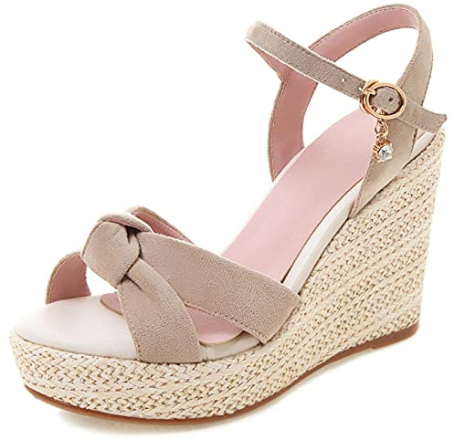 Gicoiz Peep Toe Espadrille Donna Moda Zeppa Sandali Estate Casuale con Cinturino Alla Caviglia Comodo Tacco Alto Plateau Bowtie Scarpe Beige Numero 32 EU