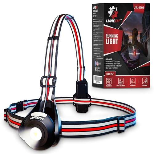 LUMEFIT Run Light Running Lights for Runners Chest LED Lamp 120° Adjustable Beam Angle 800 Lumen 360 Degree Reflective Band USB Rechargeable Front Body Torch Jogging Hiking (Red - JR-0906)