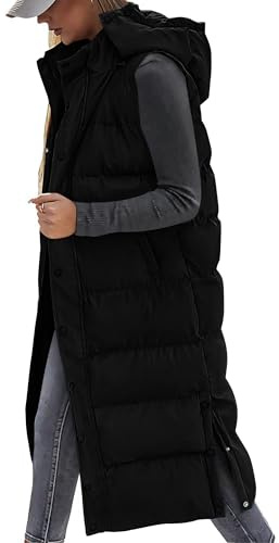 BTFBM Long Puffer Vest Women Quilted Hooded Button Down Zip Up Sleeveless Vests Outerwear Padded Jacket Fall Winter Coat(Black, Small)