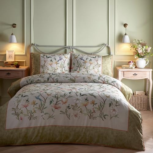 Appletree - Sage Green Floral & Humming Birds Duvet Cover - Super King Bedding Size (260 x 220cm) - 200 Thread Count - 100% Cotton Sateen - 2 Pillowcases - Green Floral Bedding with Birds