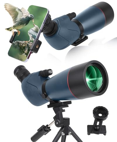 25-75x70 HD Spektiv Sportschützen mit Stativ- und Smartphone-Adapter, Zoom Bak4 Prism FMC Lens 45-Grad-abgewinkelte Teleskop für Vogelbeobachtung Wildlife Scenery Jagd Wildtiere Stargazing (Blue)