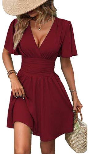UUAISSO Vestito Casual da Donna Manica Lunga Vita Alta A Line Abiti Avvolgenti Scollo a V Midi Dress Maniche Corte Bordeaux M
