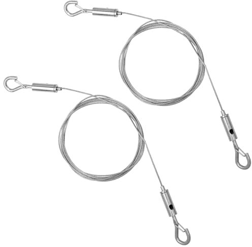 MBAIYO 2 fune metallica regolabile, corda in acciaio, 2 m x 1,5 mm, in acciaio inox, con anello e ganci fino a 50 kg, per tende, immagini