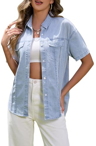 Hersuitful Women's Denim Shirt Casual Short Sleeve Button Down Chambray Blouse Summer Jean Shirt Tops Lightblue S