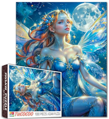 Tucocoo Moonlight Fairy Puzzle de 1000 piezas para adultos, rompecabezas de fantasía azul encantado con alas elegantes, tema de cielo nocturno, rompecabezas estimulante regalo para mujeres y