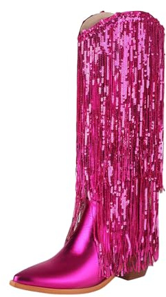 AEGJEGVD Bottes pour Femme Talon Carré Paillettes Bottes à Franges Botte mi Mollet Hipster Club Fête Escarpins Haute Botte au-dessus du Genou Boots Élégants Cuissardes Chaussures Steampunk Gothique
