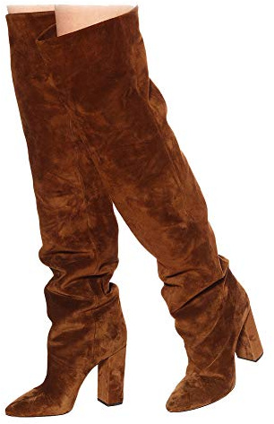 Ceciloroda Mujer's Thigh Botas Altas Tacón Alto Slouchy Botas altas Wide Calf Sexy Pull-On Fiesta para Mujer Comodo Brown Size 38