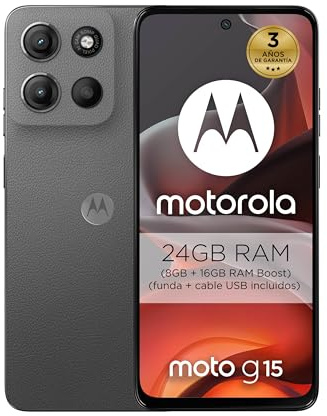 Moto g15 24GB Tornado(8GB+16 GB RAM Boost)/512GB Gris, España, pantalla de 6,72”FHD+, sistema de cámaras de 50MP y objetivo ultra gran angular, Batería 5200mAh, carga TurboPower 18W, acabado soft luxe