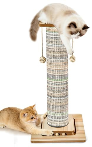 Odoland Tall Cat Scratching Post, 78cm Cat Scratcher for Indoor Large Cats with Perch & Hanging Toy, Vertical Cat Scratch Post Sisal Sturdy Cat Tree Tower Furniture Decor - Multicolor