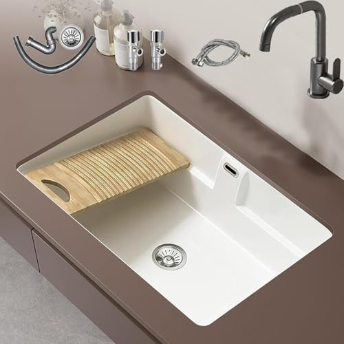 Lavabo de baño con tabla de lavar de madera extraíble, Lavabo de cerámica bajo encimera,con Grifo, Válvula Angular y Desagüe, para Aseos y Balcones(500mm/16.7in)