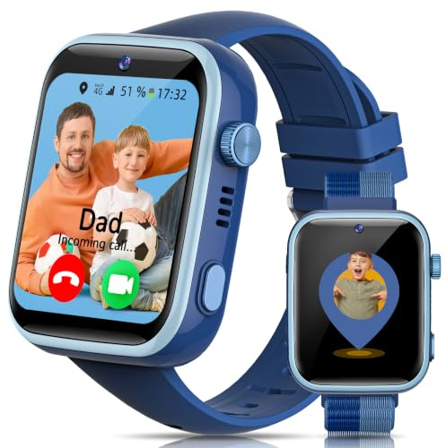 AIMIUVEI 4G Reloj Inteligente Niño con Llamadas, Videollamadas, Chat de Voz, WiFi, GPS, SOS, SMS, Impermeable IP68, Modo Escuela y Podómetro, Smartwatch Niños con Pantalla HD de 1.83'' Azul