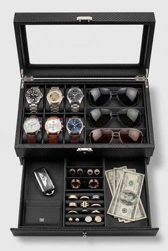GUKA Watch box, 6 Slot Watch Case, 3 Slot Sunglass Organizer, Watch Cases for men with Real Glass Lid, Watch Organizer storage with Jewelry Case, Birthday for Men and Women, Black