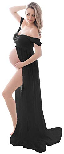 FEOYA - Damen Umstandskleider für Fotoshooting Elegante Schwangerschaftskleidung Umstandsmode Front Split für Fotografie Requisiten Sommer Langer Umstandsrock für Mutter Geschenke - Schwarz - XL