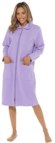 Undercover Ladies' Soft Fleece Zip Dressing Gown with Satin Trim, Zipped Robe UK 10-28, Rose, Purple, Blue, Lilac & Pink