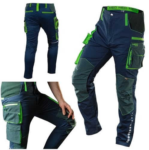 NEO TOOLS Pantalon de Travail en Denim pour Homme 8 Poches, Taille XS ŕ XXXL, Poches Multifonctions, Genoux avec Poches pour genouillčres, Tissu mélangé 98% Coton, 2% élasthanne -Bleu- XS