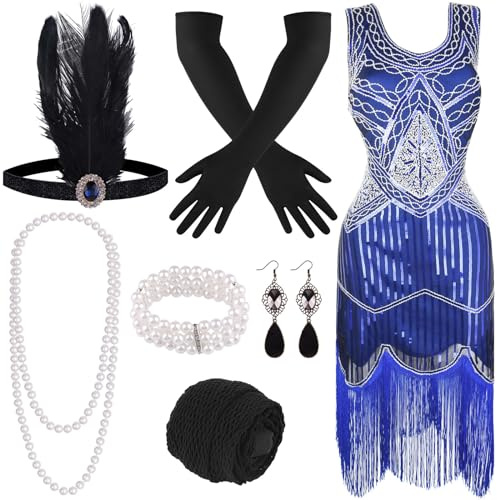 FEPITO Abito anni '20 con frange con paillettes e scollo a V con accessori anni '20 (Stile 5)